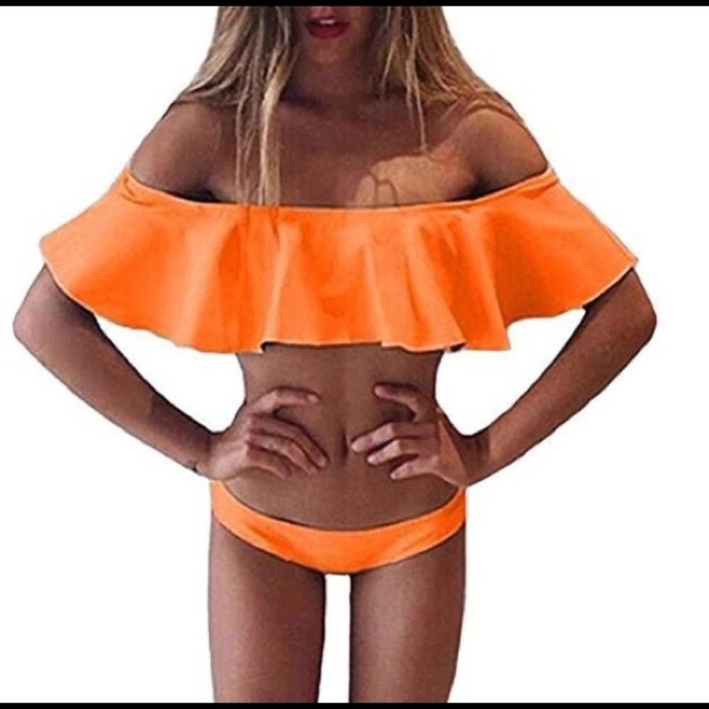 Orange Off-Shoulder Ruffle Bikini - M
